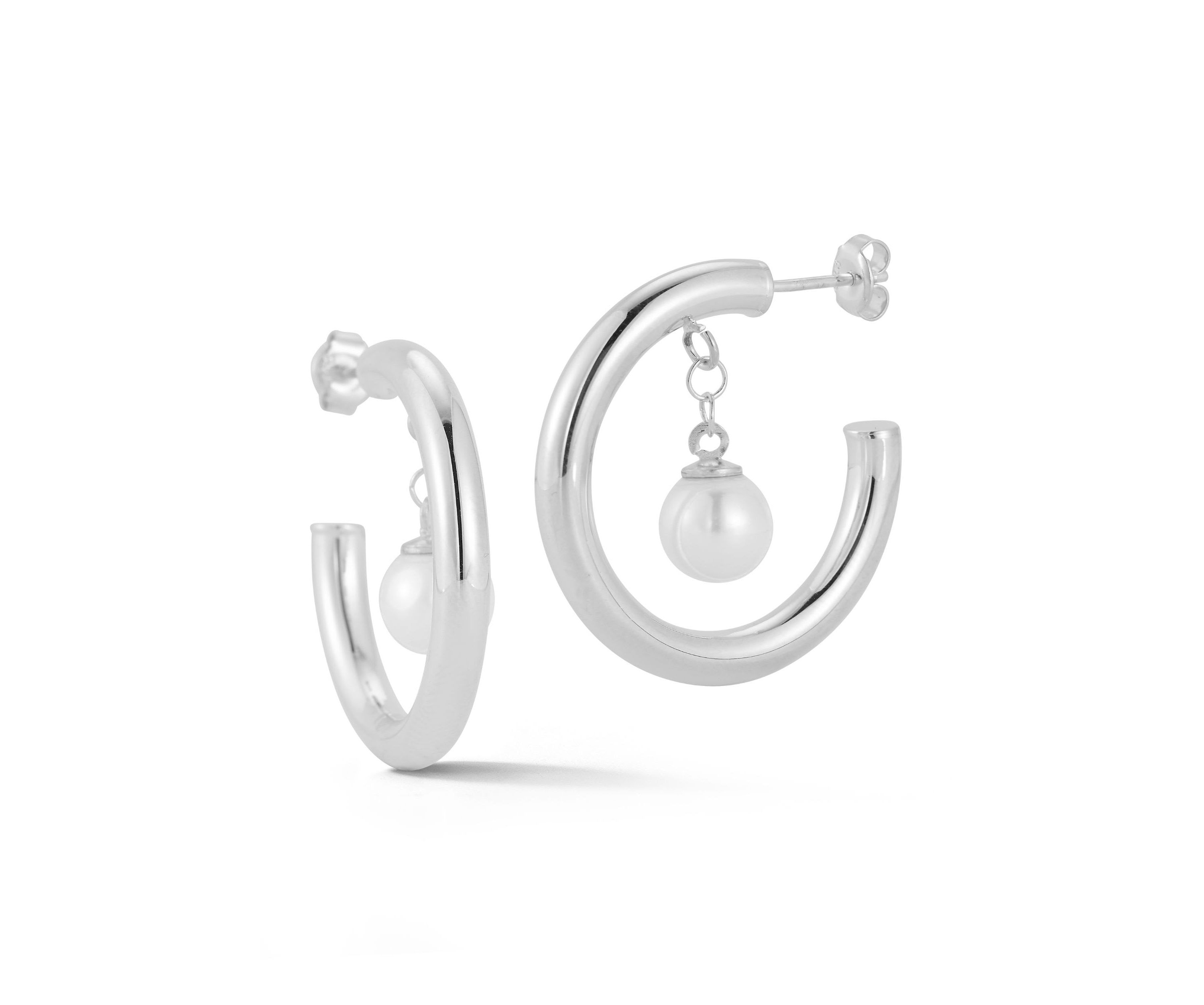 Sterling Silver Pearl Dangle Hoop Earrings