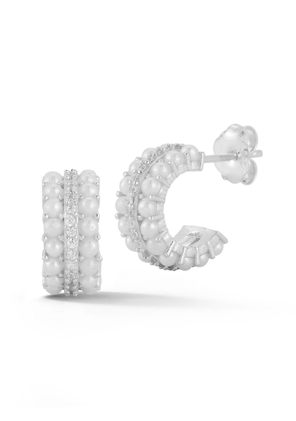 Sterling Silver Cubic Zirconia And Pearl Mini C Huggie Hoop Earrings