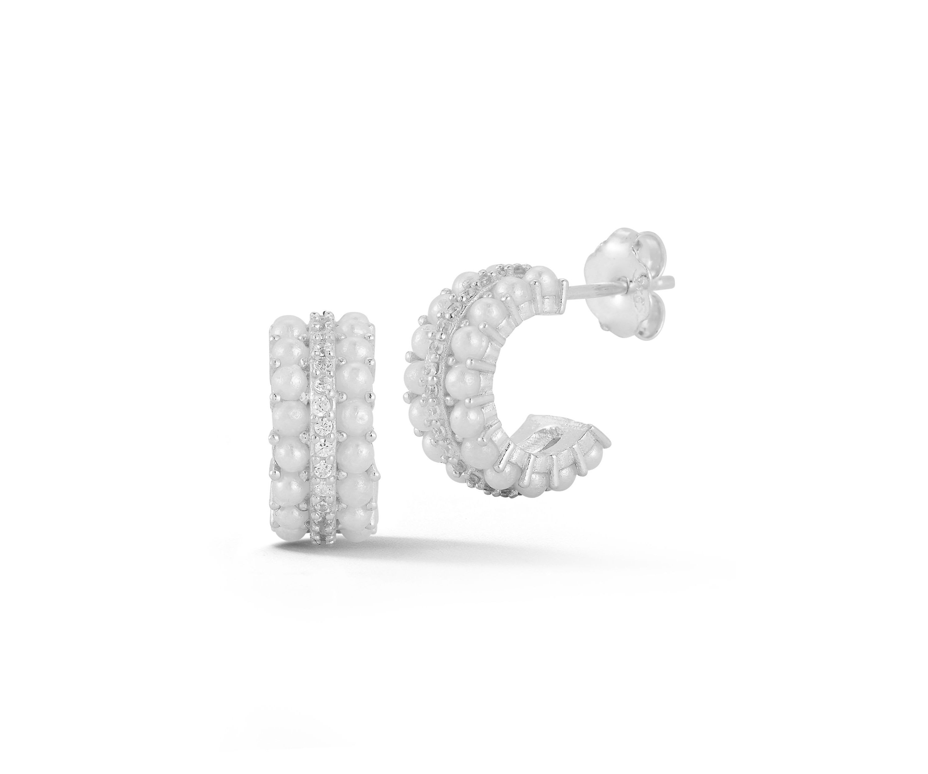 Sterling Silver Cubic Zirconia And Pearl Mini C Huggie Hoop Earrings