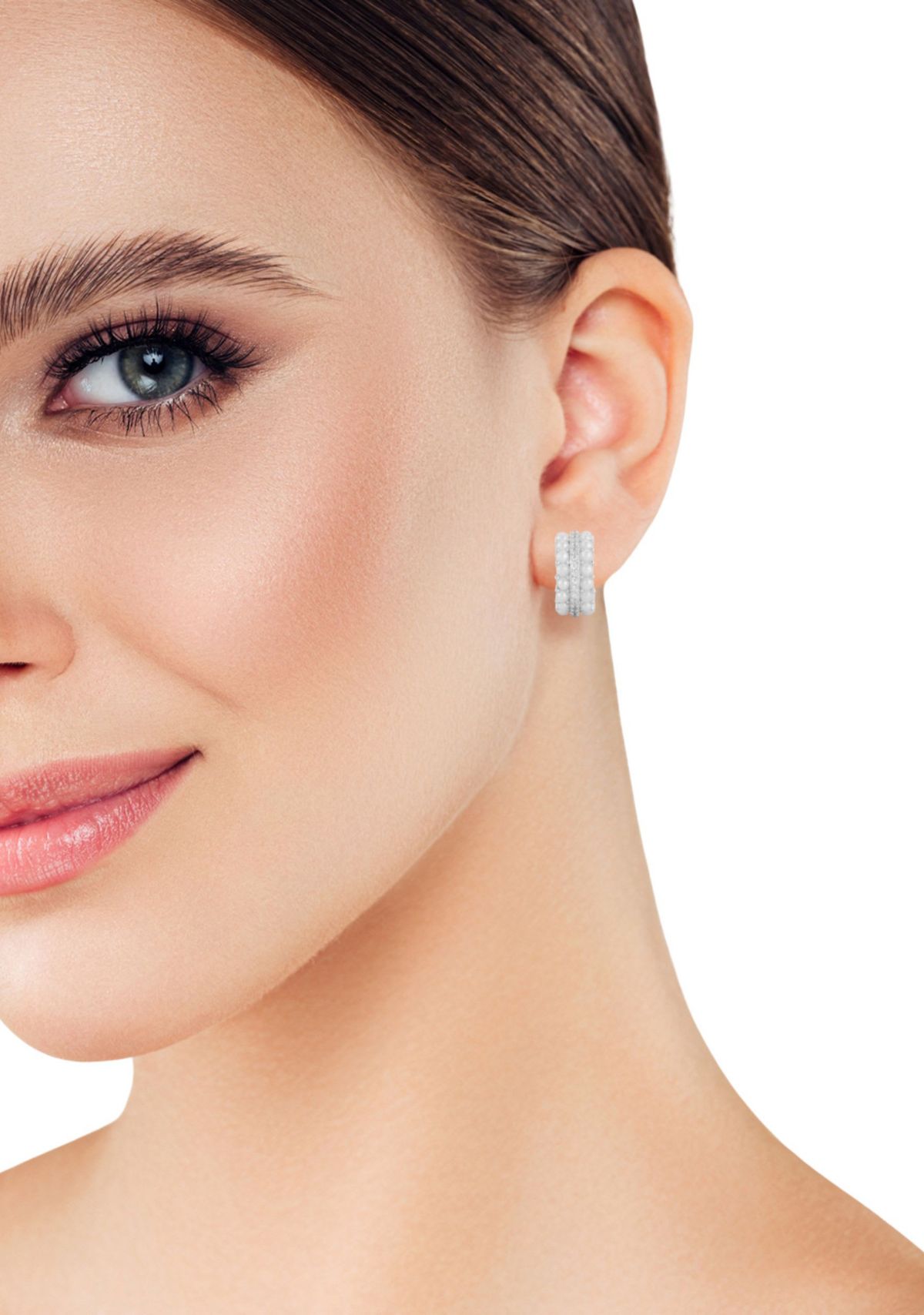 Sterling Silver Cubic Zirconia And Pearl Mini C Huggie Hoop Earrings