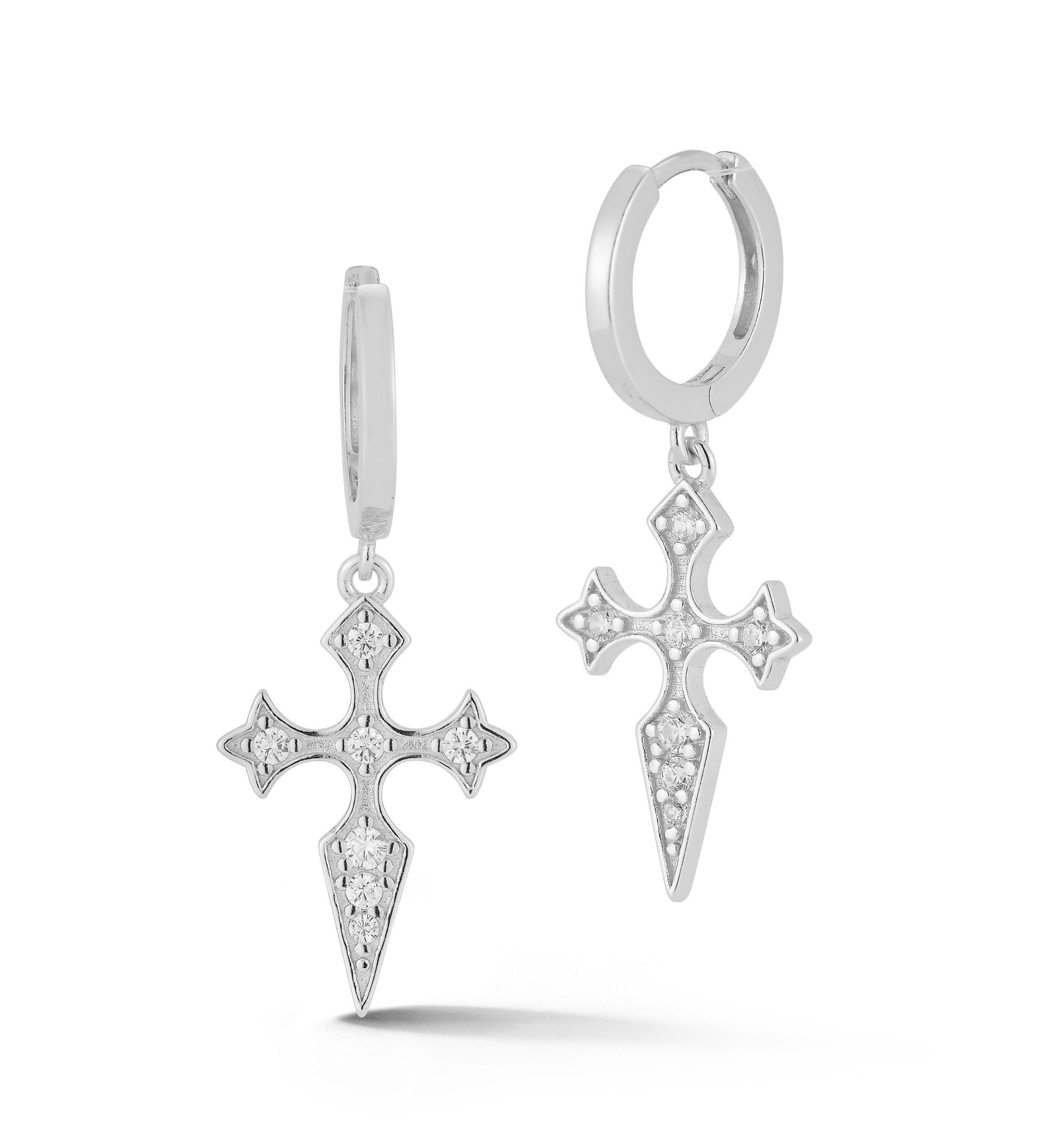 Sterling Silver Cubic Zirconia Pointy Cross Charm Huggie Hoop Earrings