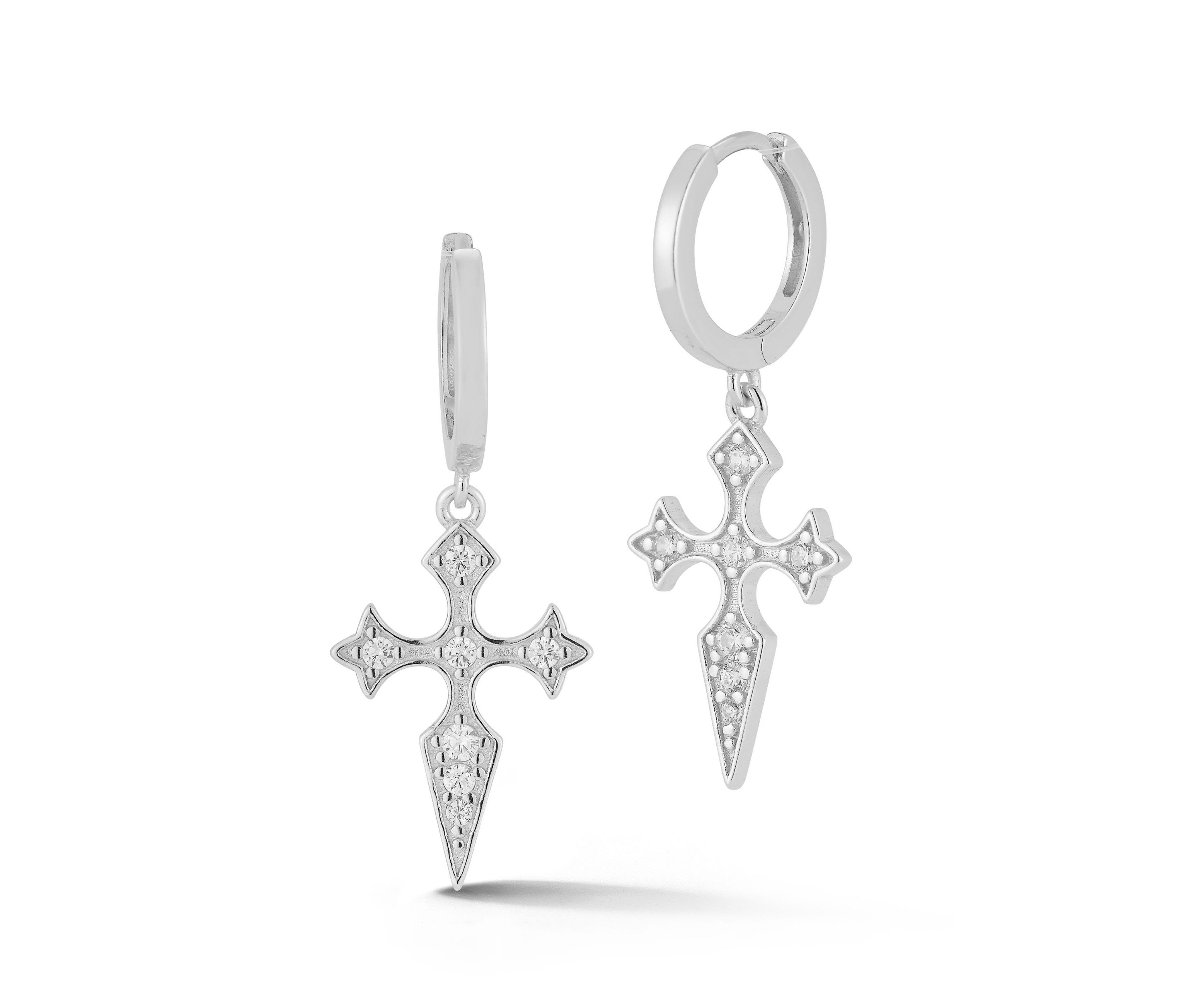 Sterling Silver Cubic Zirconia Pointy Cross Charm Huggie Hoop Earrings
