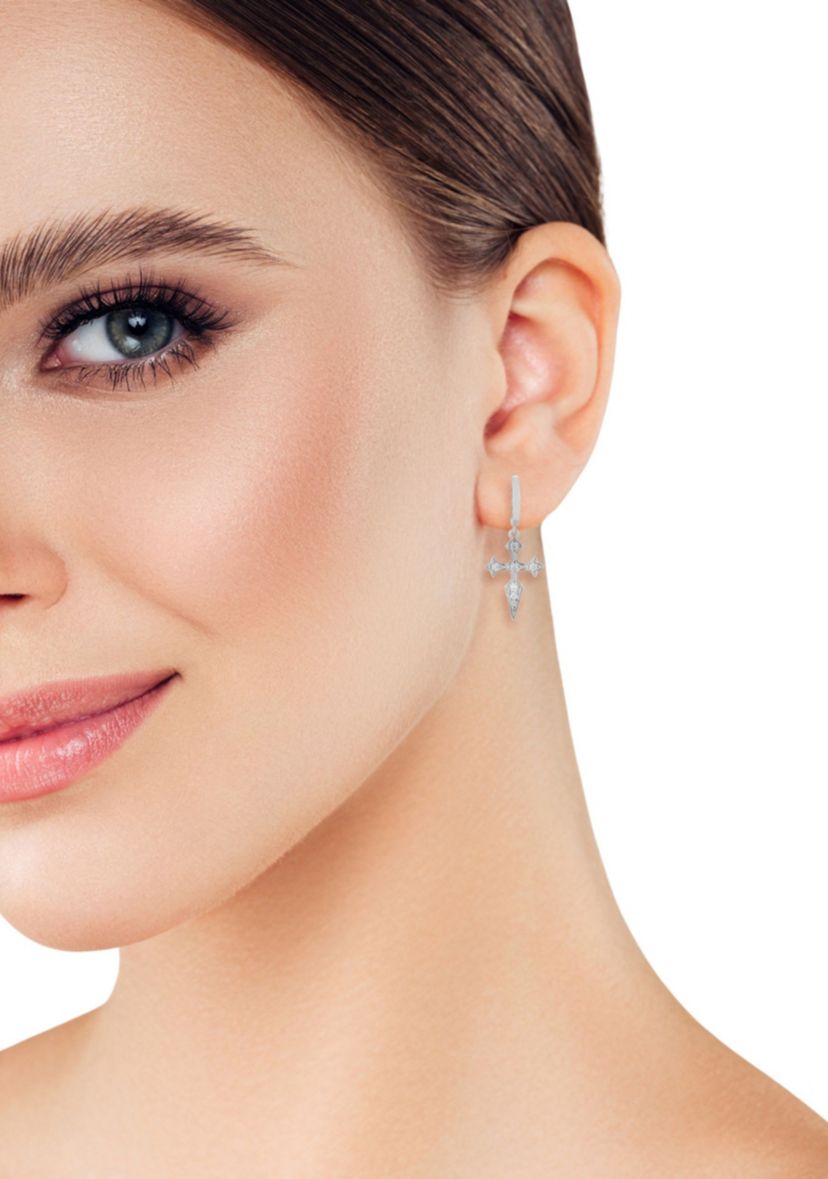 Sterling Silver Cubic Zirconia Pointy Cross Charm Huggie Hoop Earrings