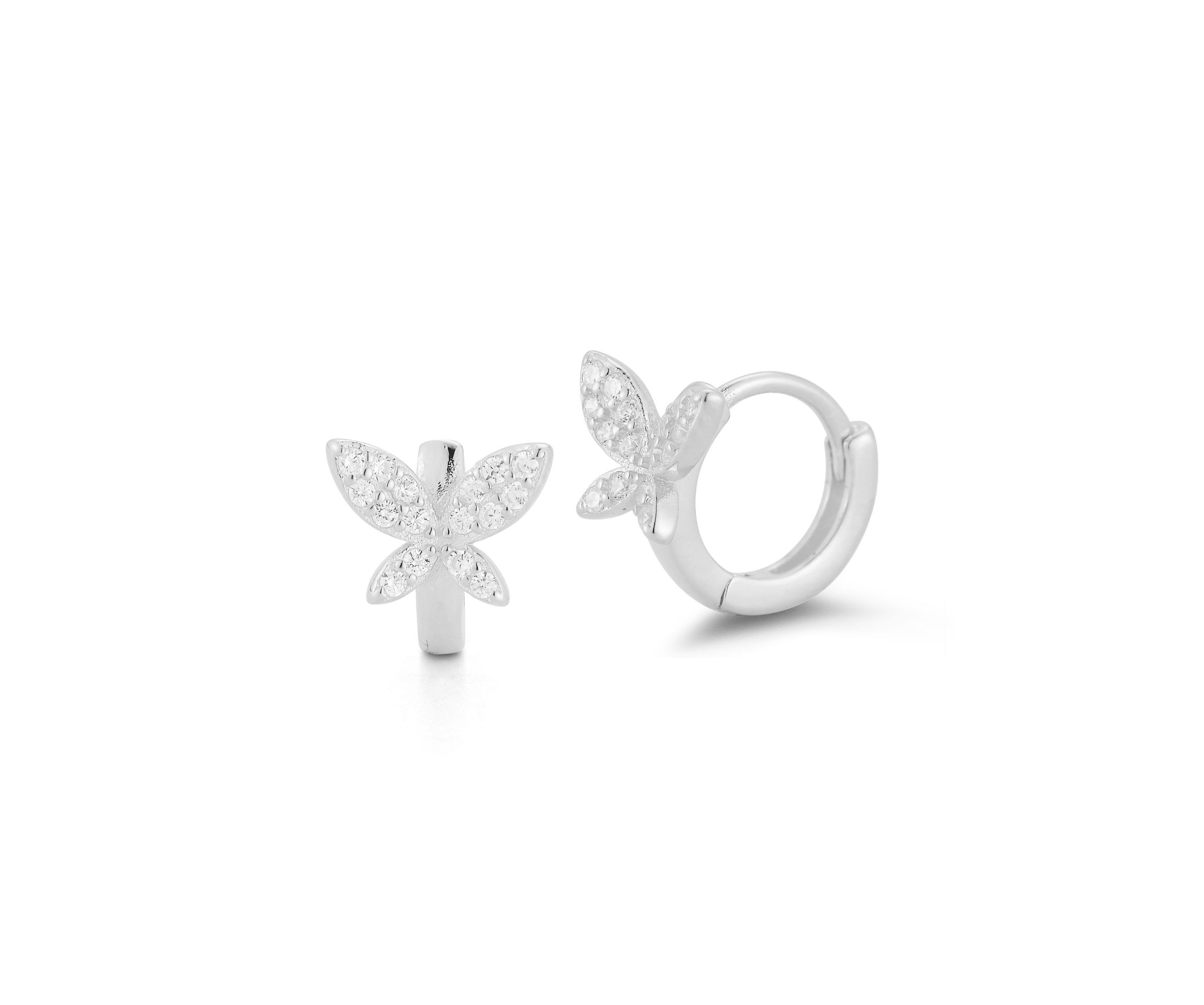 Sterling Silver Cubic Zirconia Butterfly Huggie Hoop Earrings