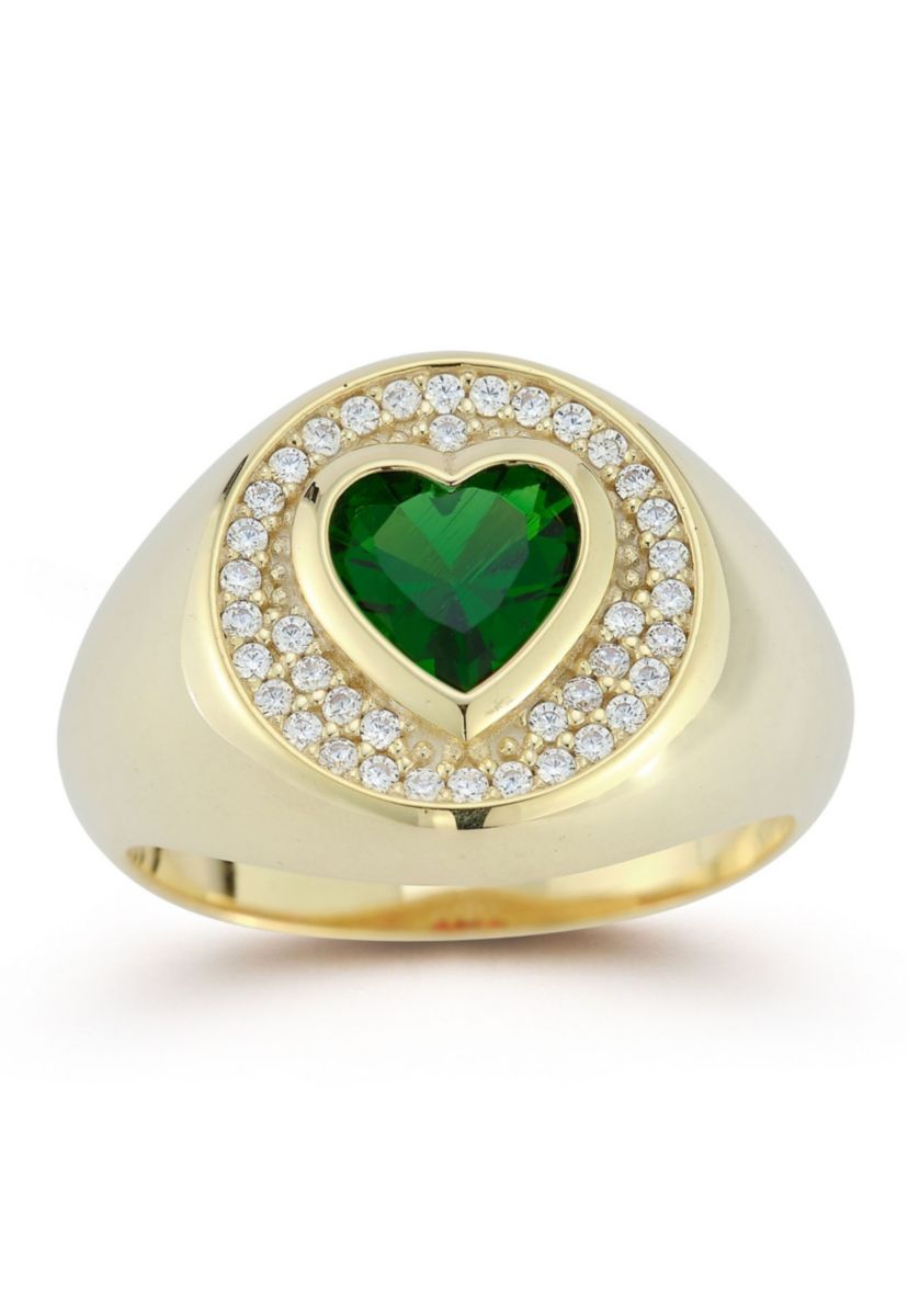 Sterling Silver Green Cubic Zirconia Heart Signet Ring