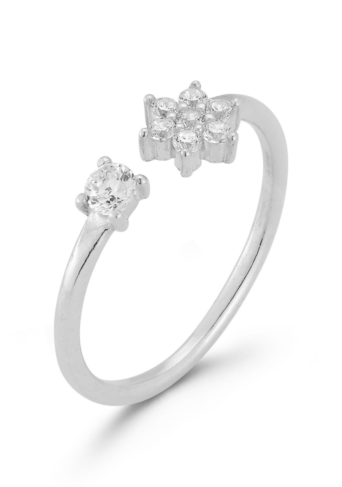 Sterling Silver Cubic Zirconia Flower Cuff Ring