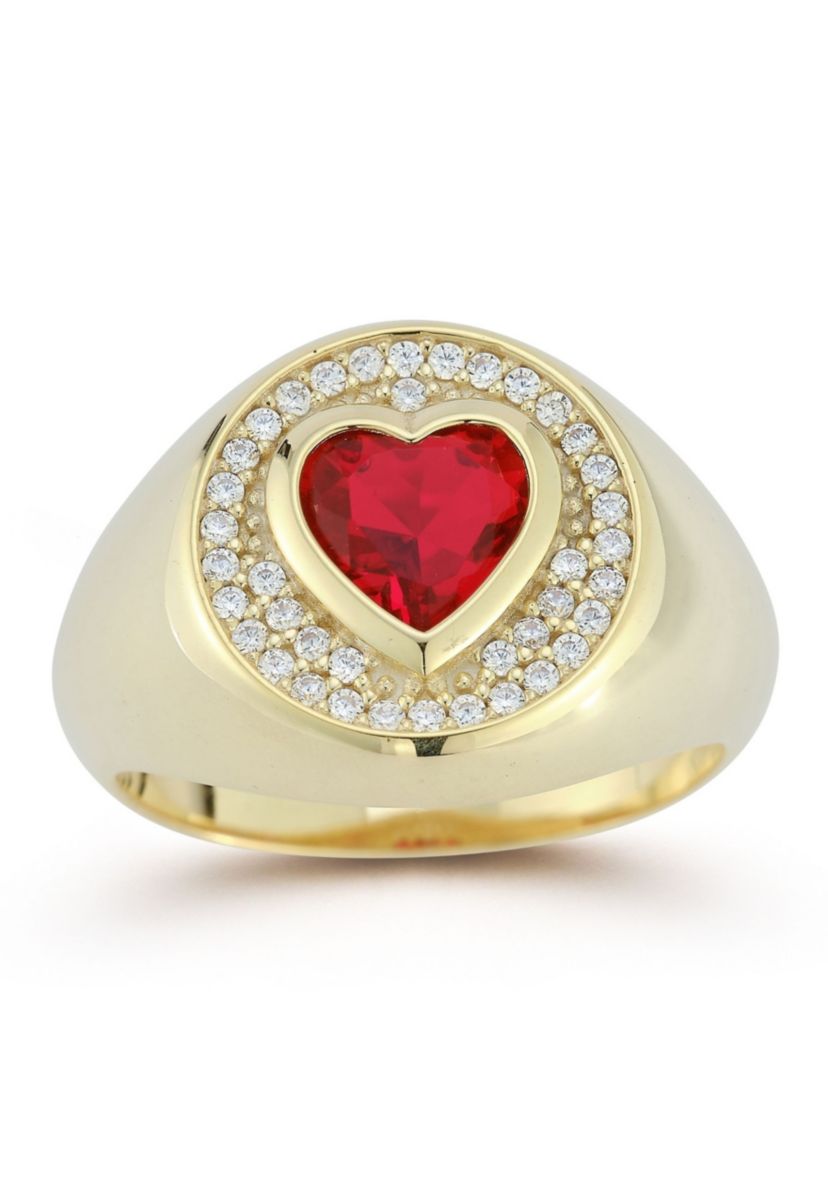 Sterling Silver Red Cubic Zirconia Heart Signet Ring