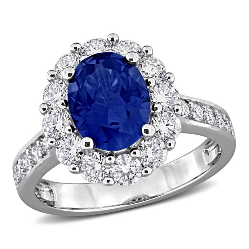 Lab Created Lab Grown Diamond & Created Blue Sapphire Halo Ring in Sterling Silver
