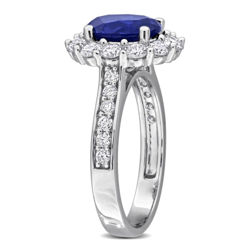 Lab Created Lab Grown Diamond & Created Blue Sapphire Halo Ring in Sterling Silver