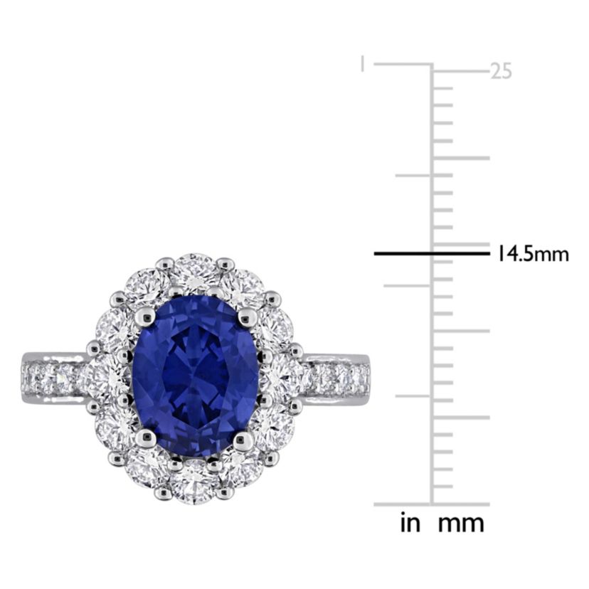 Lab Created Lab Grown Diamond & Created Blue Sapphire Halo Ring in Sterling Silver