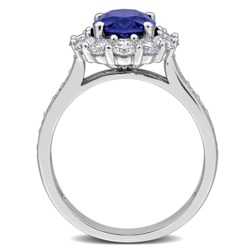 Lab Created Lab Grown Diamond & Created Blue Sapphire Halo Ring in Sterling Silver