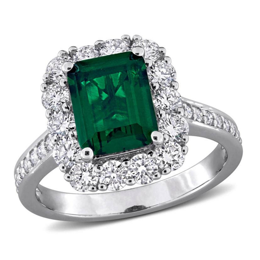 Lab Created Lab Grown Diamond & Created Emerald Engagement Ring in Sterling Silver