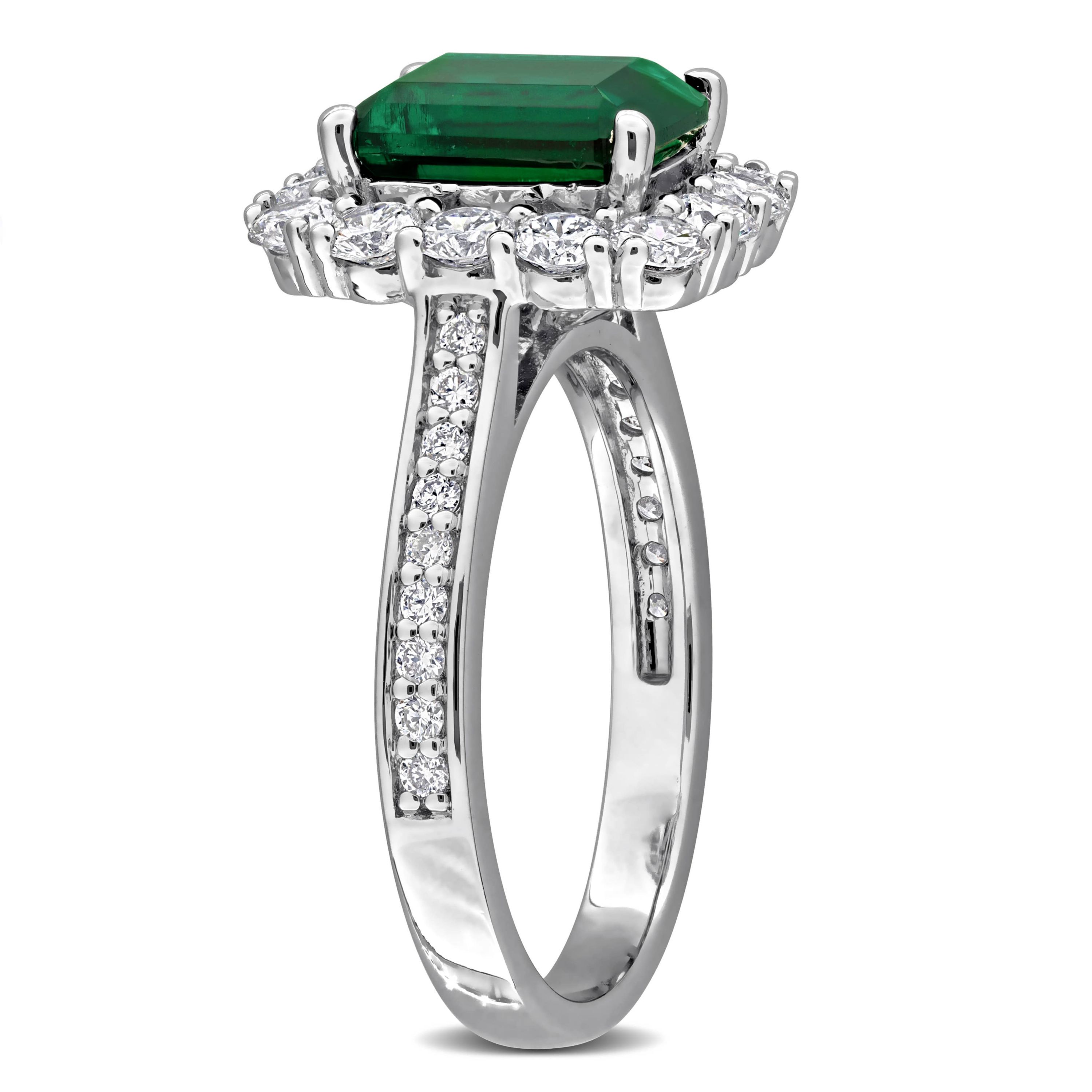 Lab Created Lab Grown Diamond & Created Emerald Engagement Ring in Sterling Silver