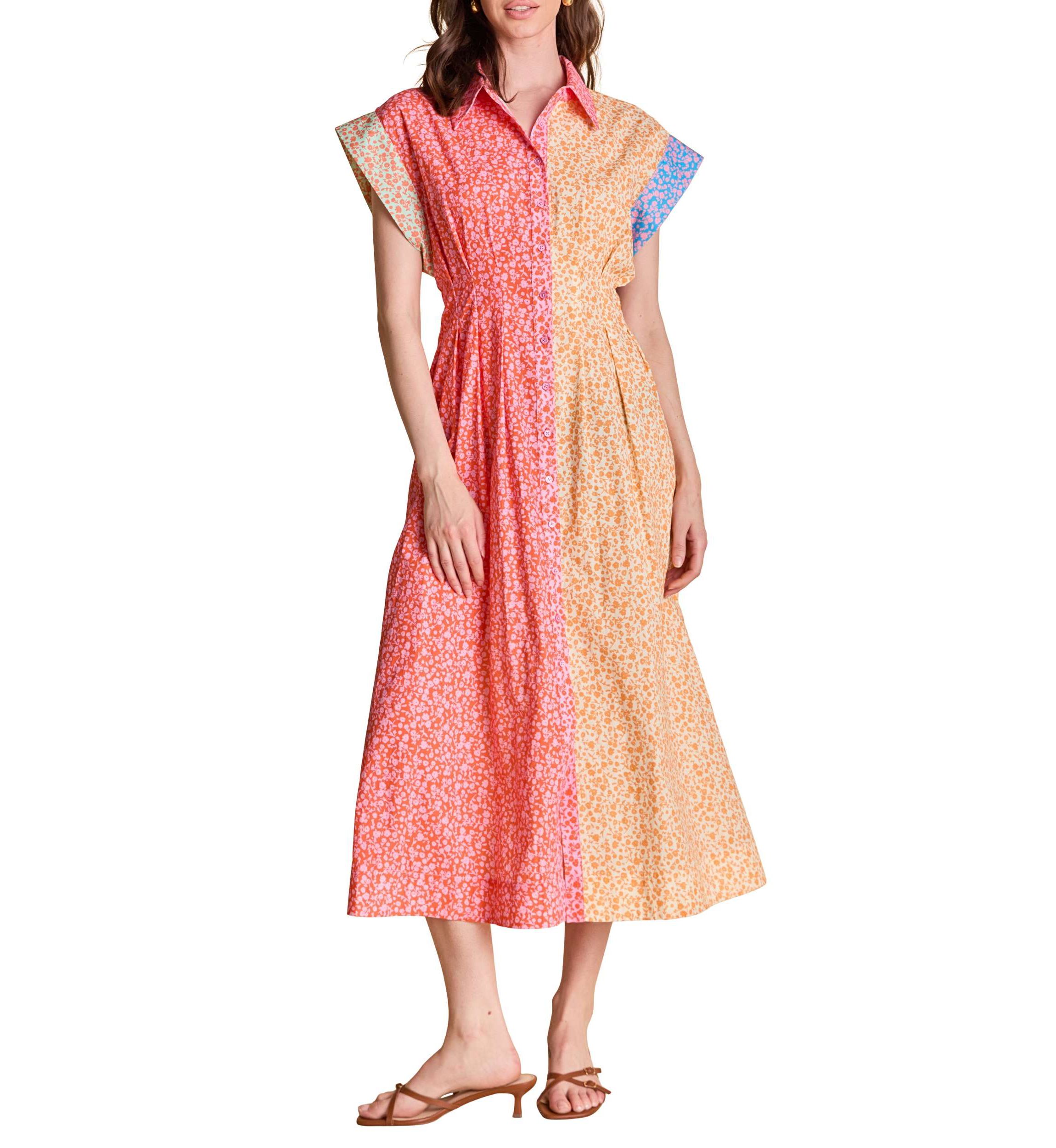 COLORBLOCK PRINTED SHIRT MIDI DRESS