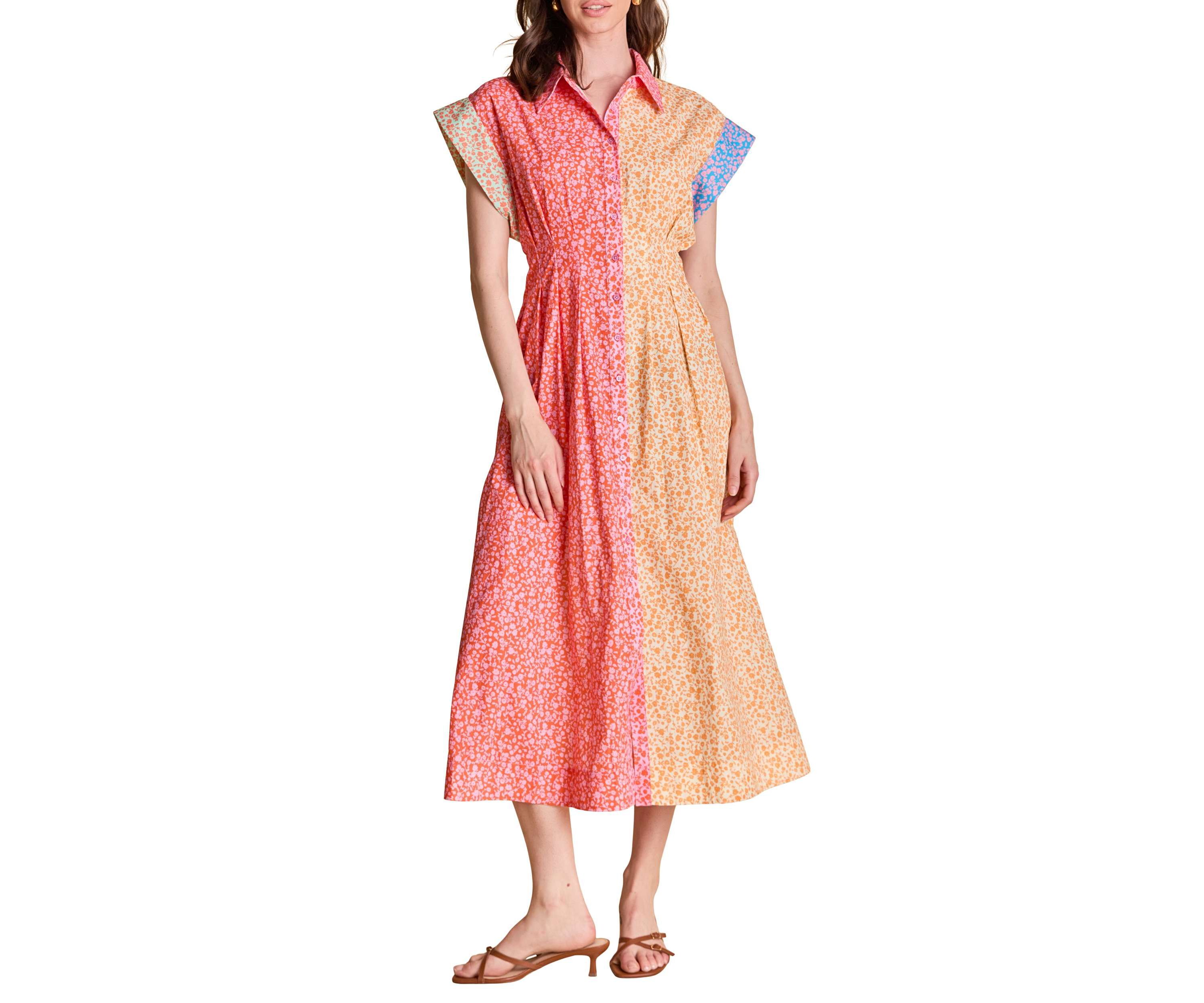 COLORBLOCK PRINTED SHIRT MIDI DRESS