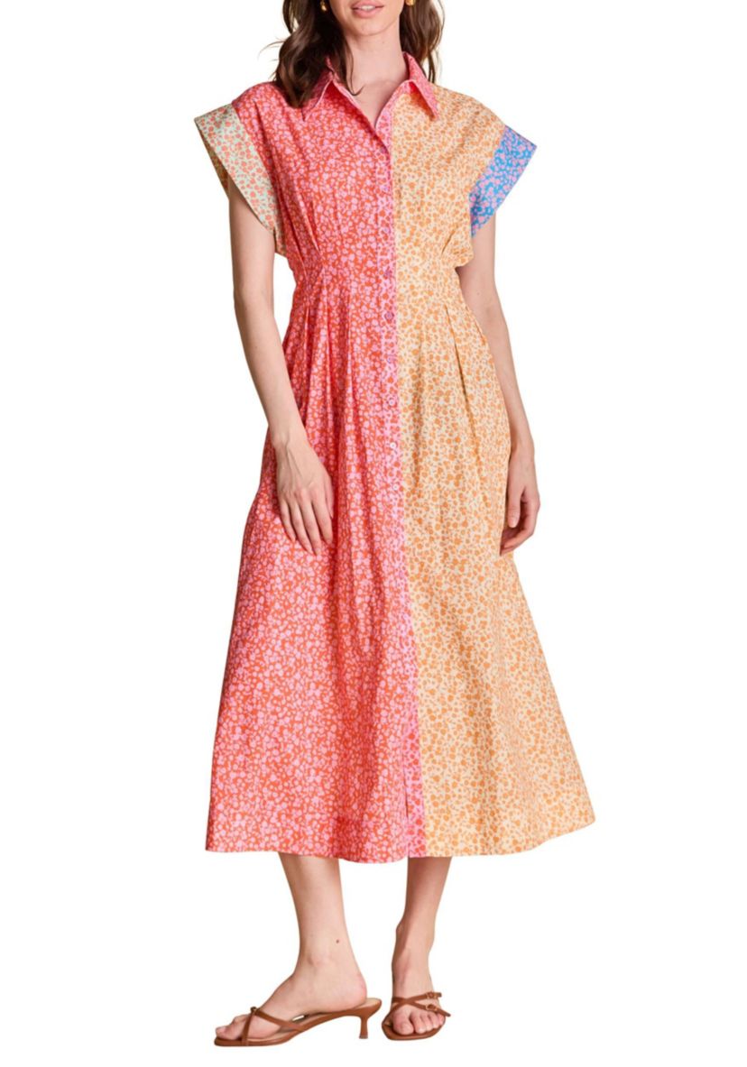 COLORBLOCK PRINTED SHIRT MIDI DRESS