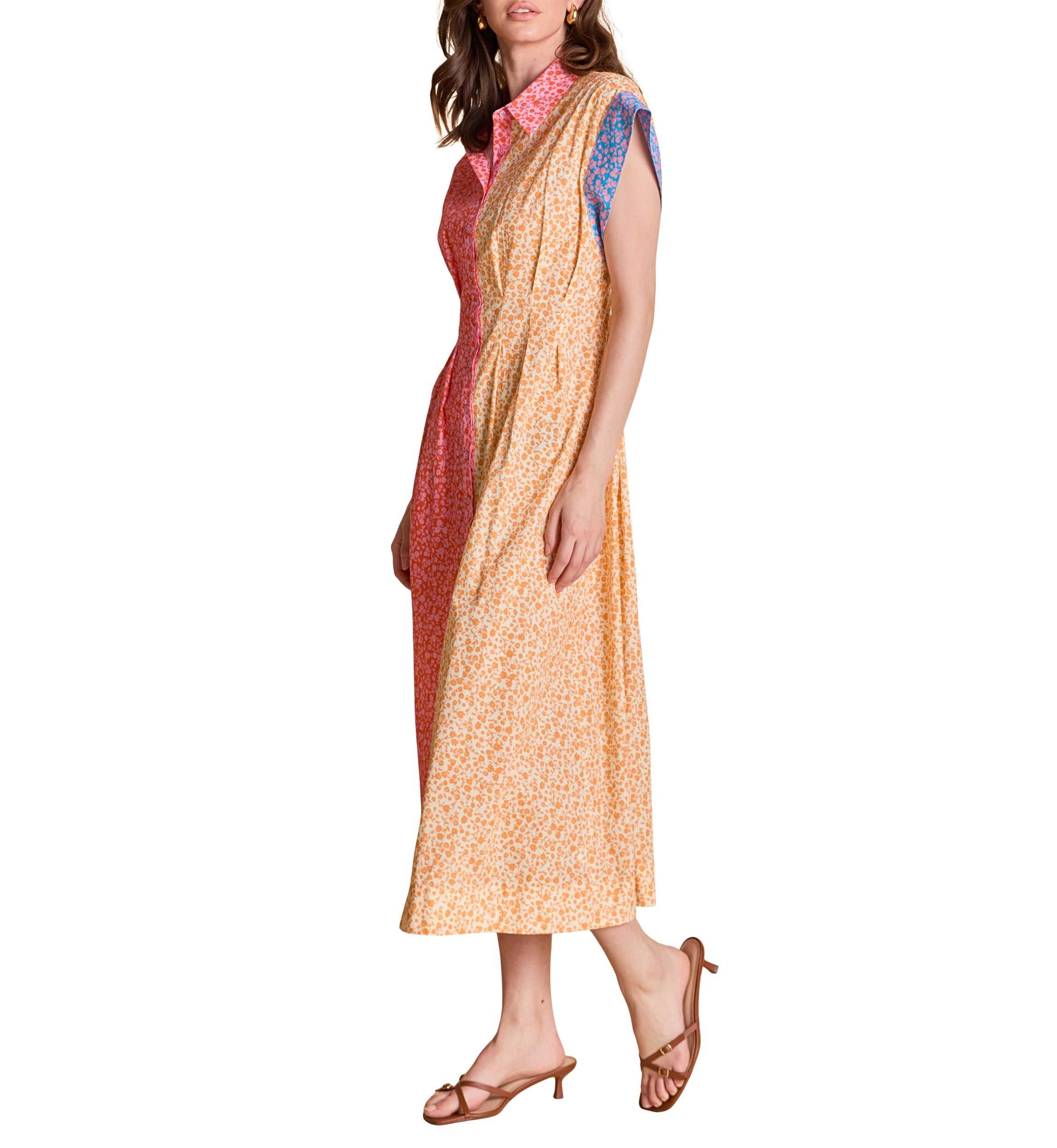 COLORBLOCK PRINTED SHIRT MIDI DRESS