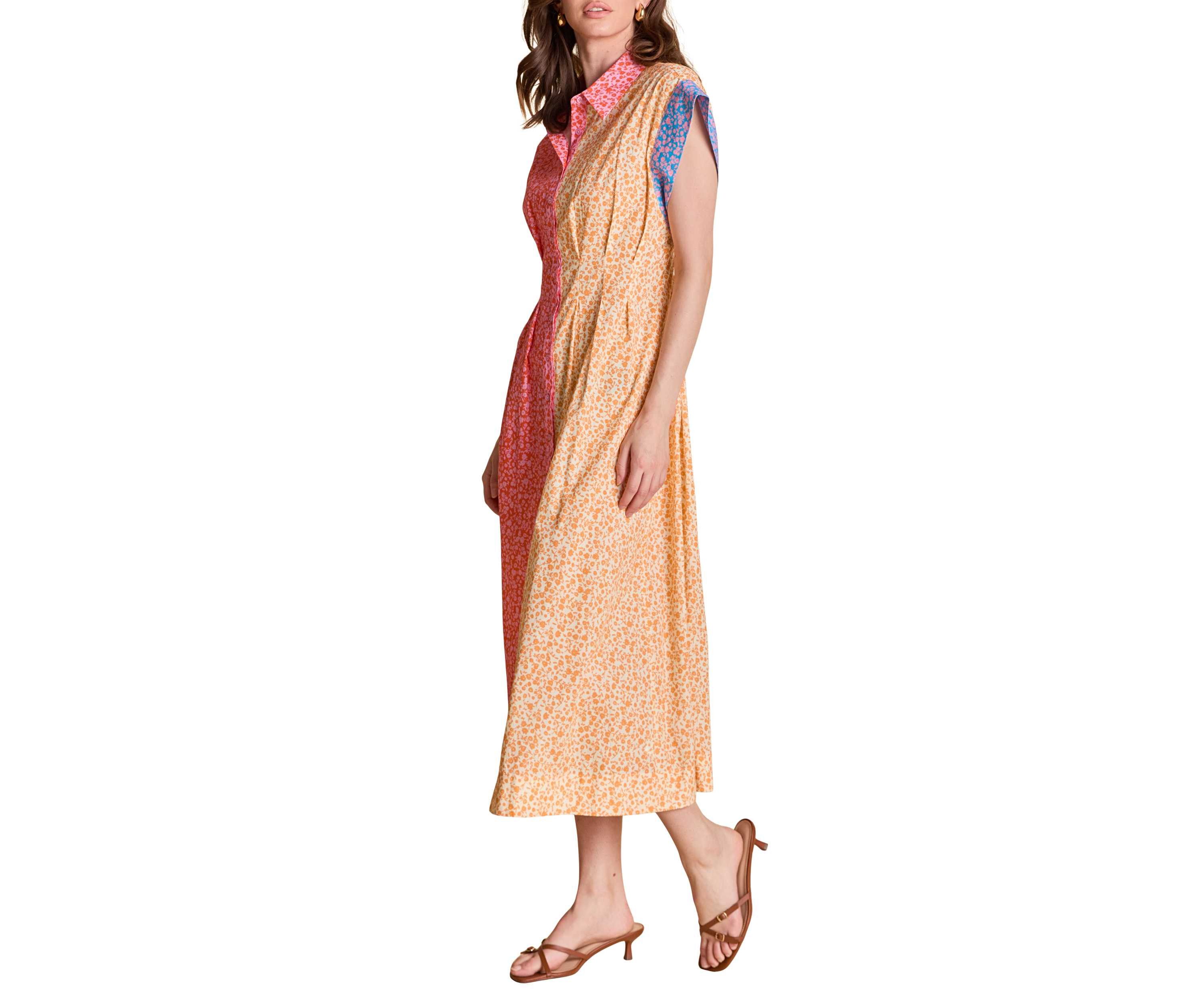 COLORBLOCK PRINTED SHIRT MIDI DRESS