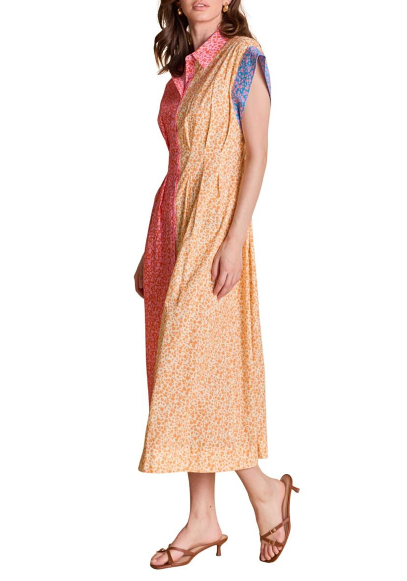 COLORBLOCK PRINTED SHIRT MIDI DRESS