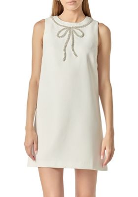 ENGLISH FACTORY Women's SLEEVELESS RHINESTONE BOW MINI DRESS, White, Large