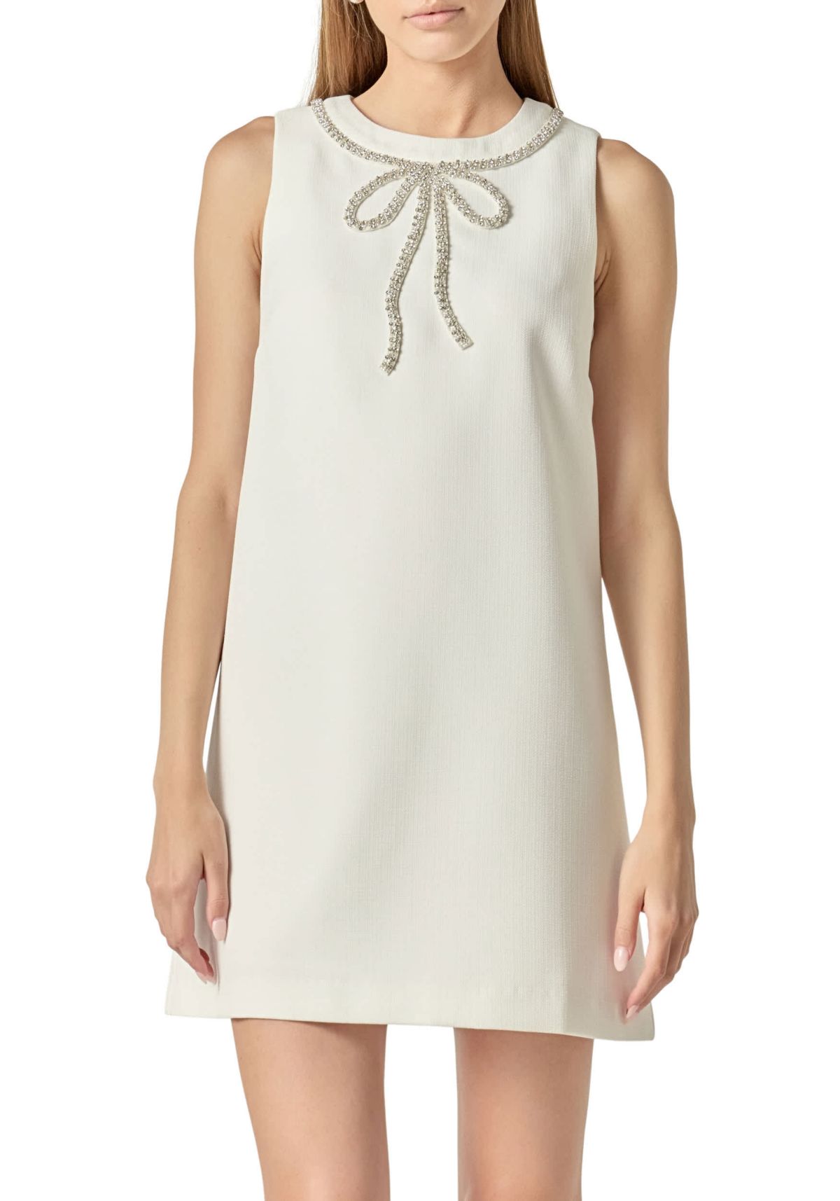 SLEEVELESS RHINESTONE BOW MINI DRESS