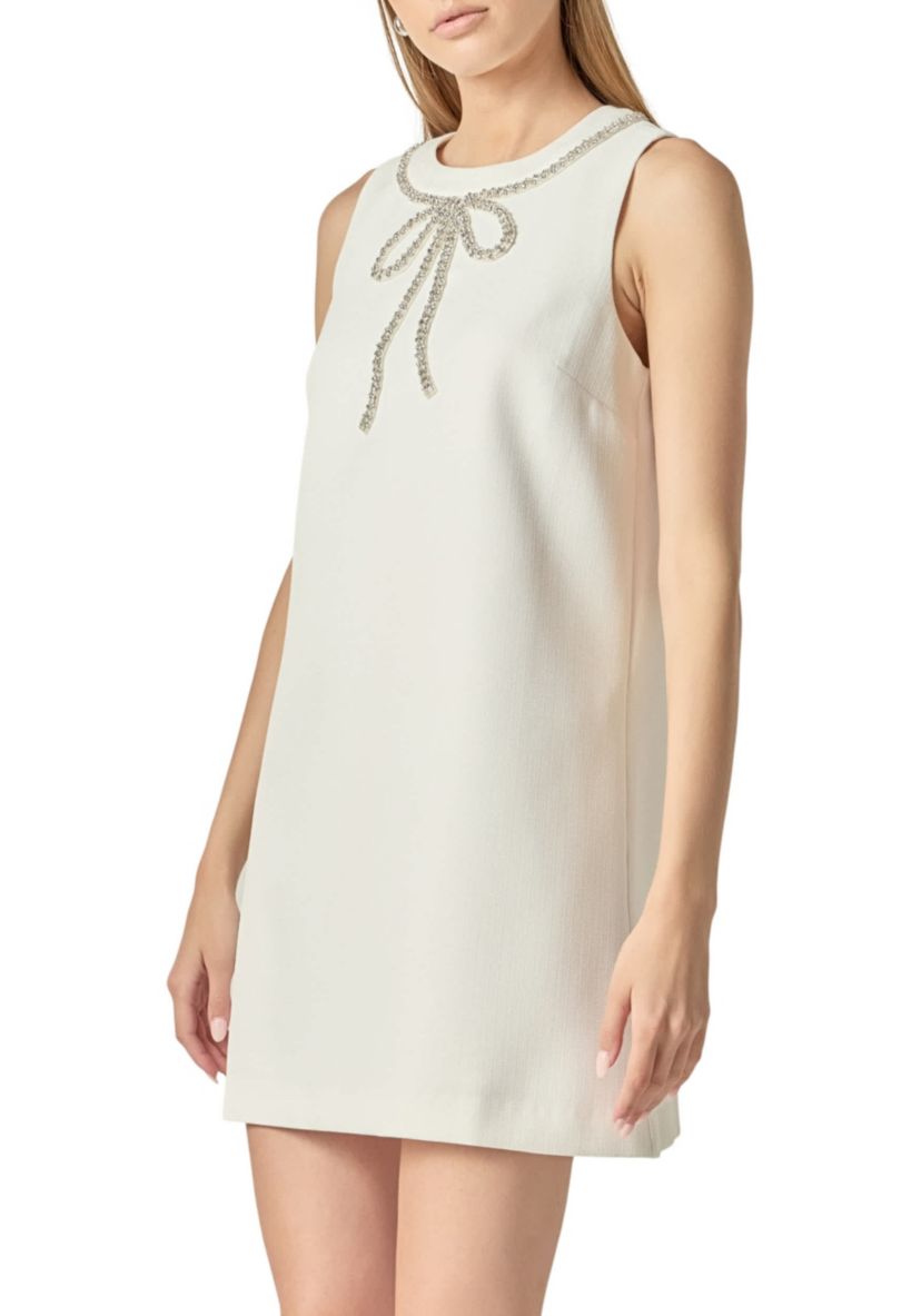 SLEEVELESS RHINESTONE BOW MINI DRESS