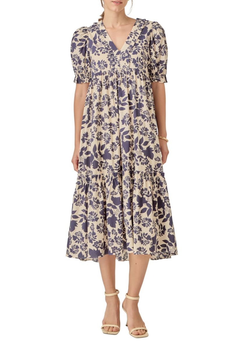 FLORAL PRINT TIERED MIDI DRESS