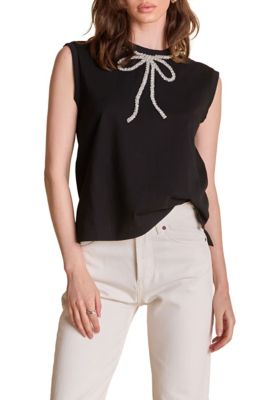 ENGLISH FACTORY Women's RHINESTONE BOW SLEEVELESS TOP, Black, XS