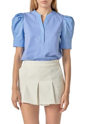 ENGLISH FACTORY Women's MIXED MEDIA TOP, Blue, Small