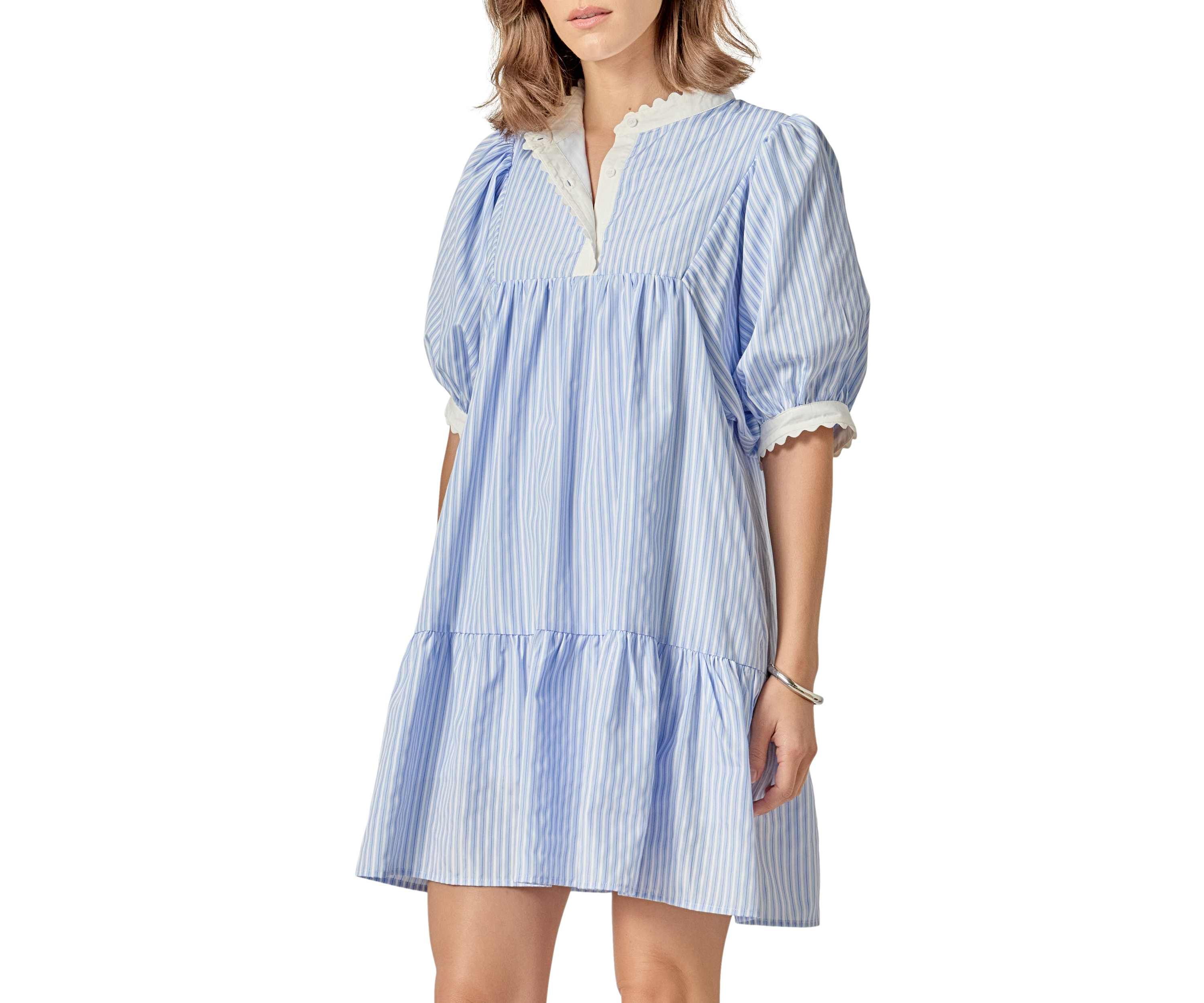 SCALLOP POINTED STRIPE MINI DRESS