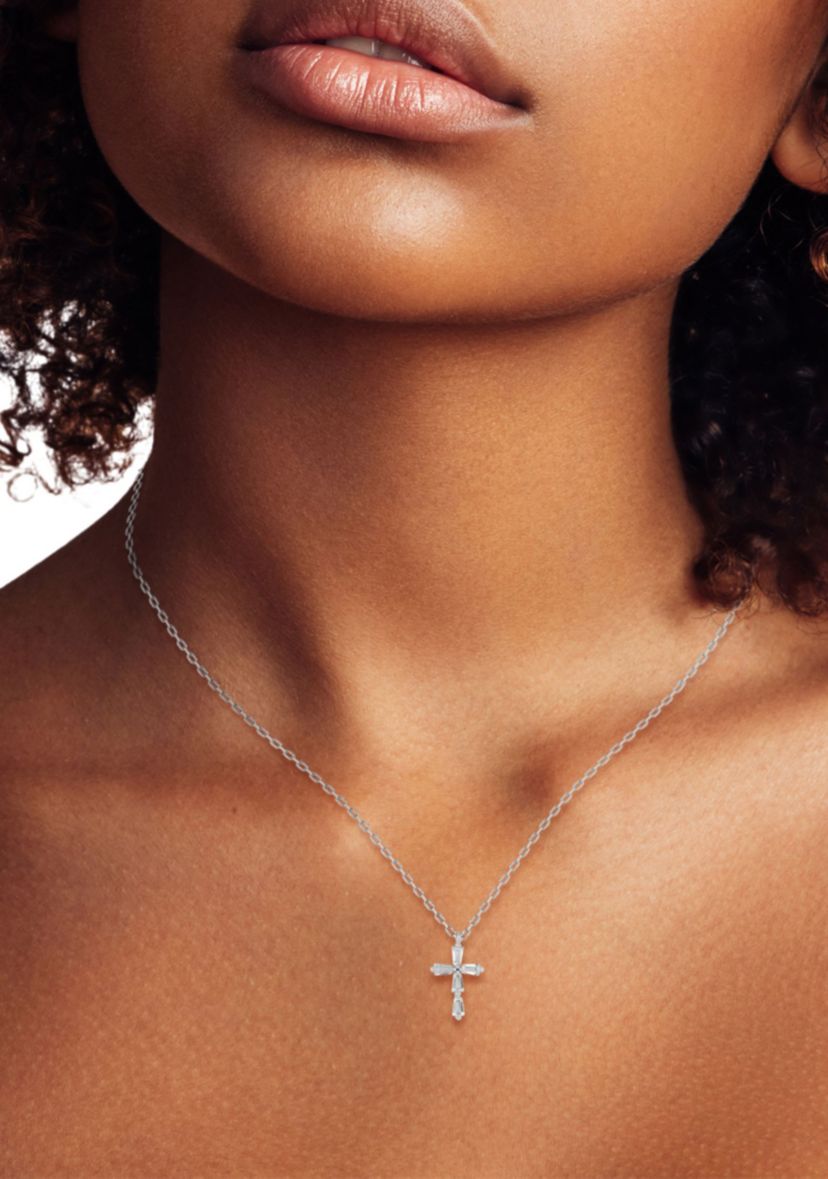 Sterling Silver Cubic Zirconia Dainty Cross Pendant Necklace