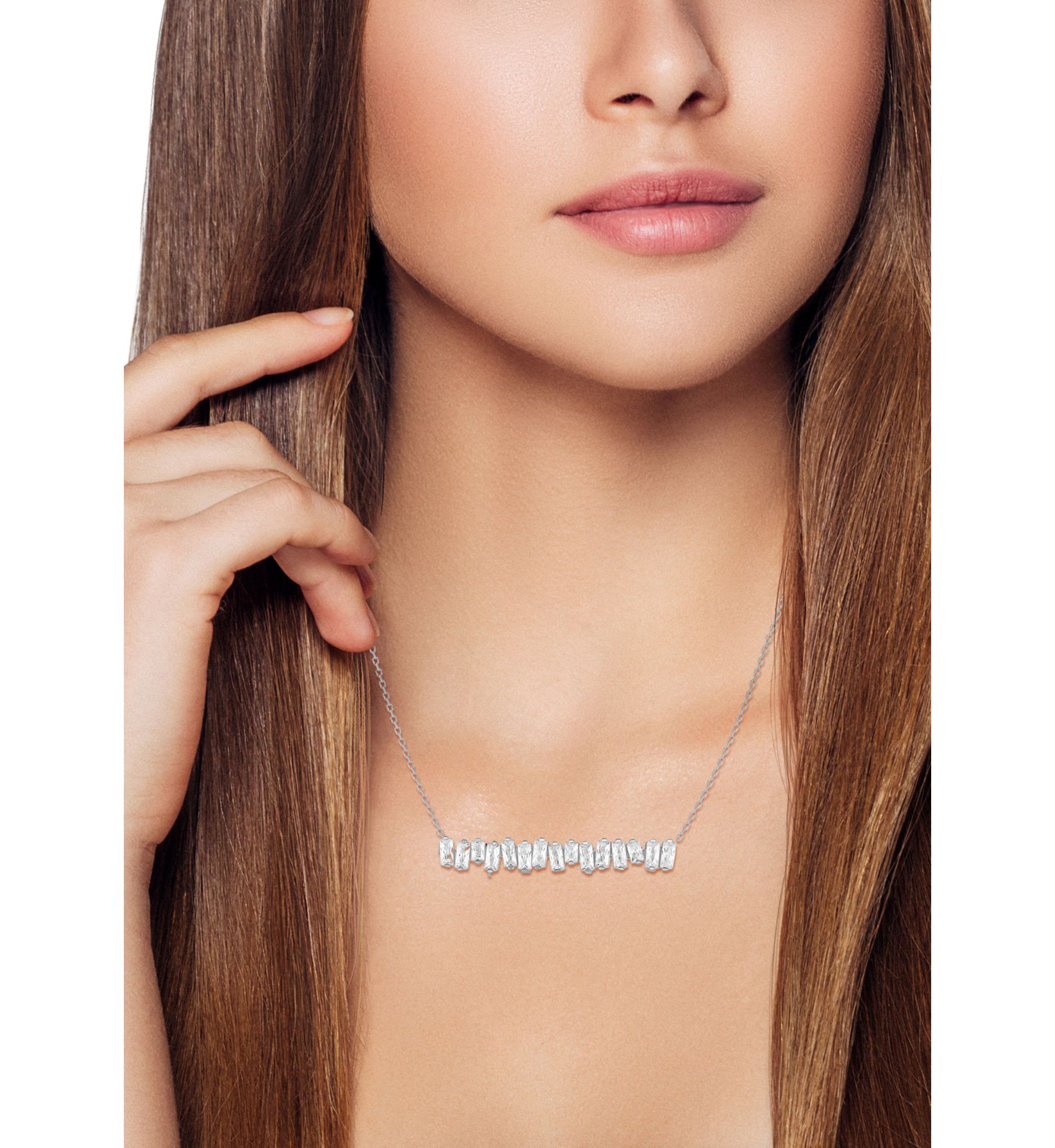 Sterling Silver Baguette Cubic Zirconia Bar Necklace