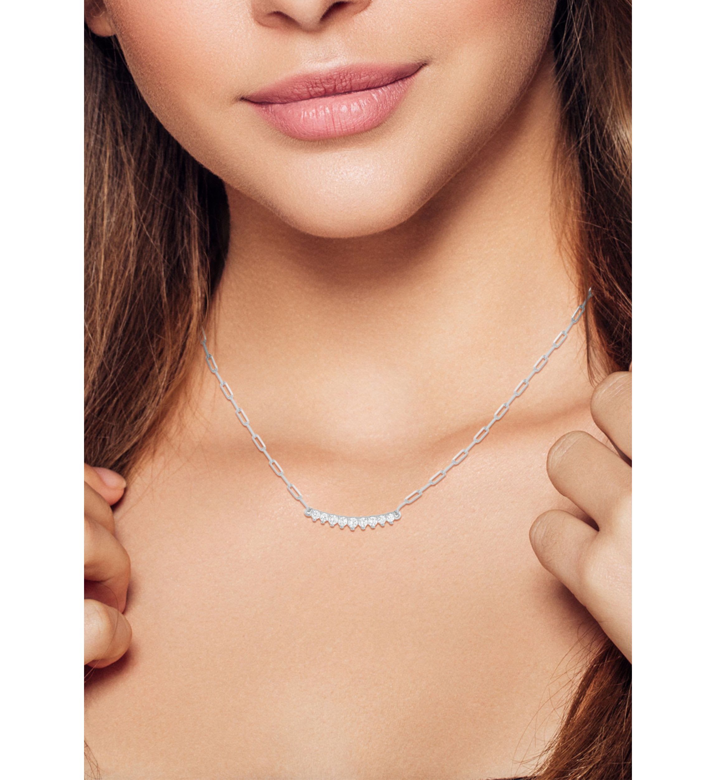 Sterling Silver Cubic Zirconia Small Curved Bar Necklace