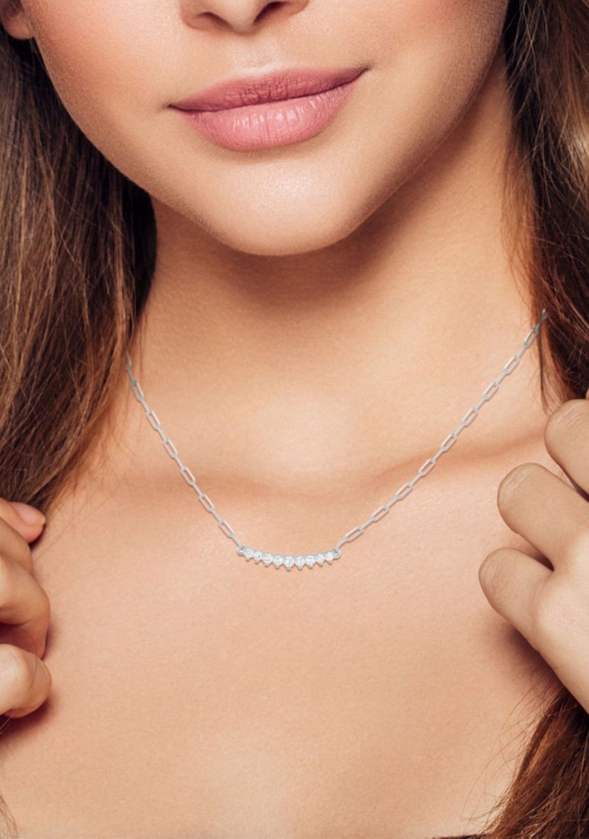Sterling Silver Cubic Zirconia Small Curved Bar Necklace