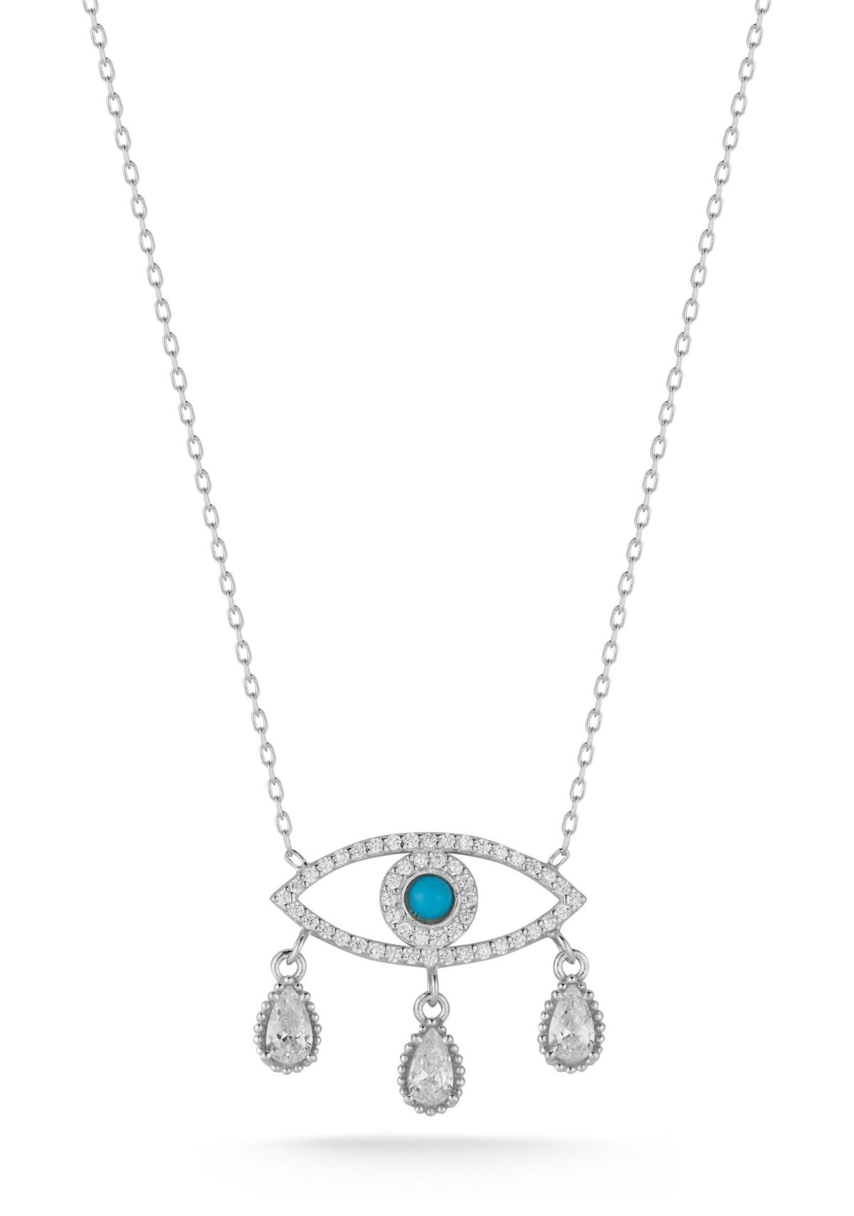 Sterling Silver Cubic Zirconia and Enamel Evil Eye Teardrop Pendant Necklace