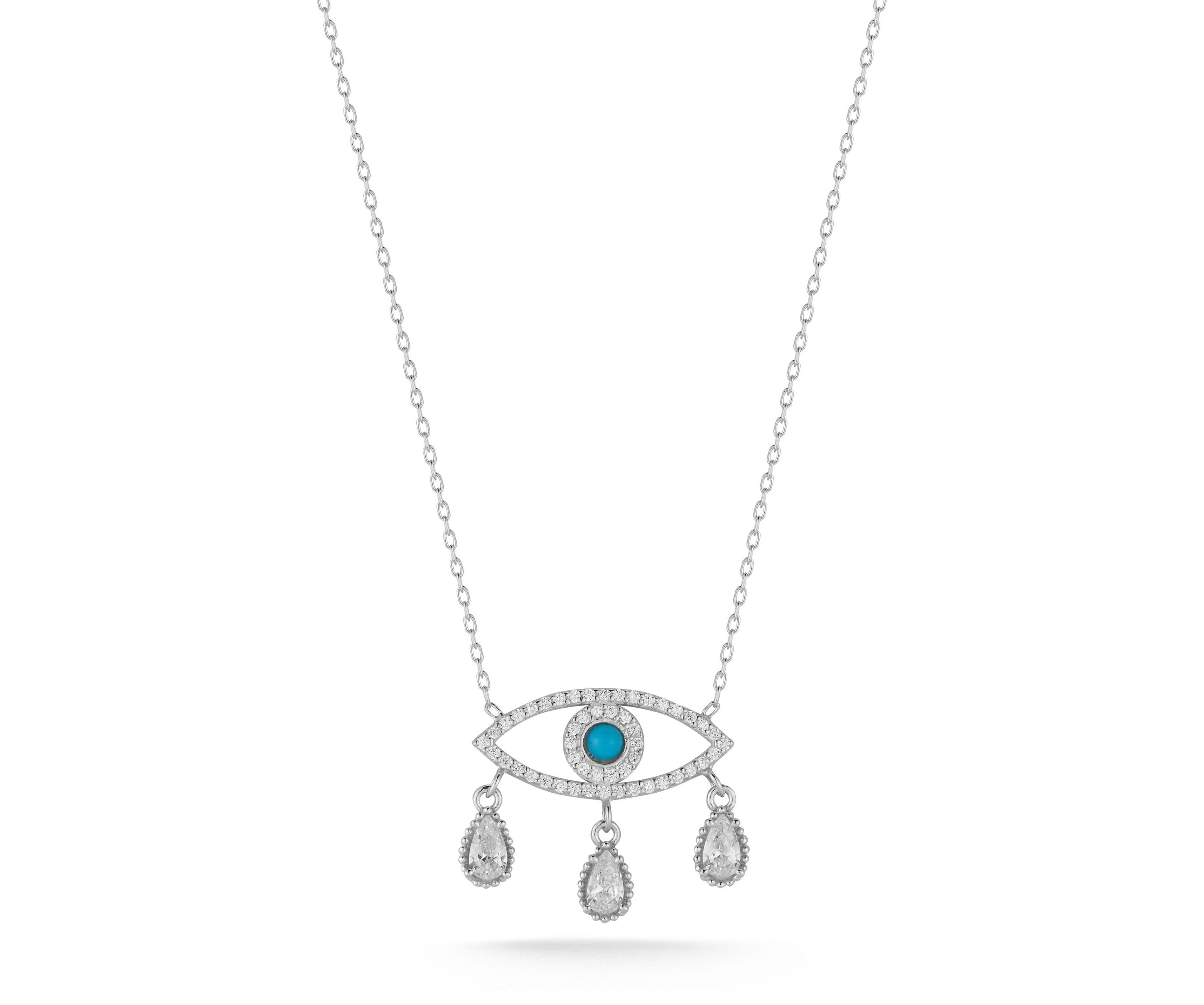 Sterling Silver Cubic Zirconia and Enamel Evil Eye Teardrop Pendant Necklace