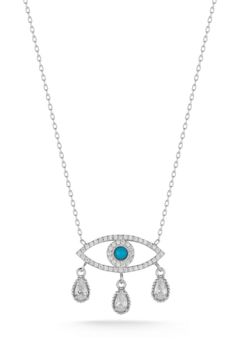 Sterling Silver Cubic Zirconia and Enamel Evil Eye Teardrop Pendant Necklace
