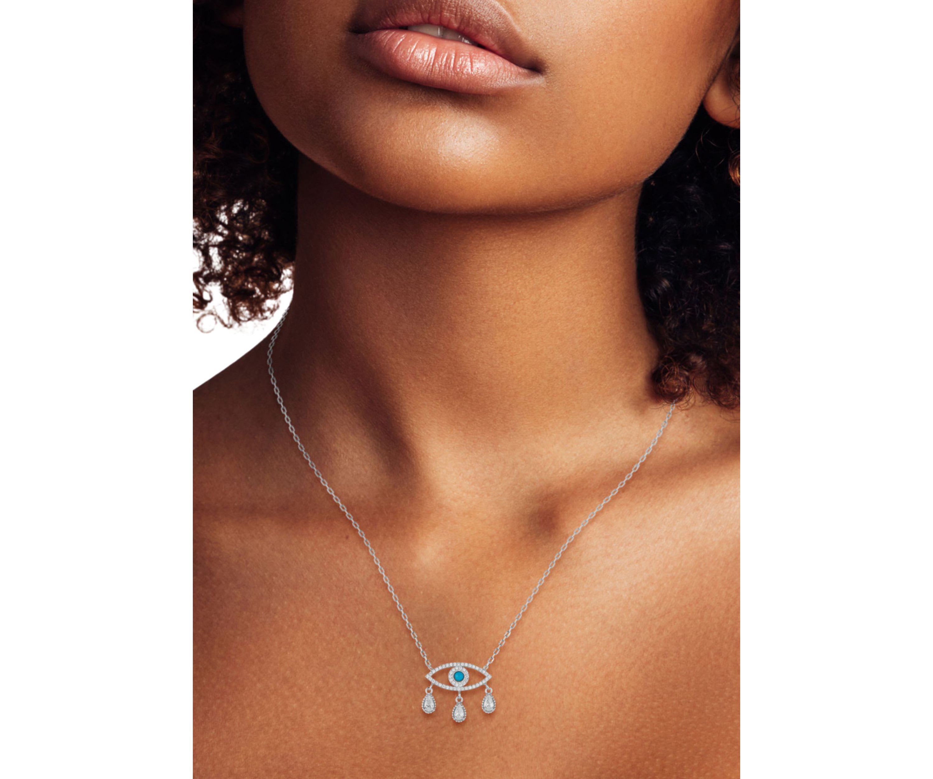 Sterling Silver Cubic Zirconia and Enamel Evil Eye Teardrop Pendant Necklace