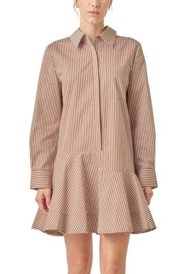 ENGLISH FACTORY Women's STRIPE COLLAR FLARED SKIRT DRESS, Brown, Medium