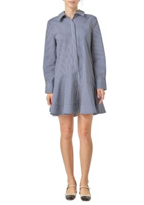 ENGLISH FACTORY Women's STRIPE COLLAR FLARED SKIRT DRESS, Navy Blue, Medium