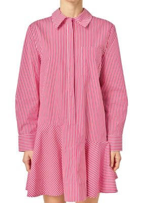ENGLISH FACTORY Women's STRIPE COLLAR FLARED SKIRT DRESS, Burgundy, Medium