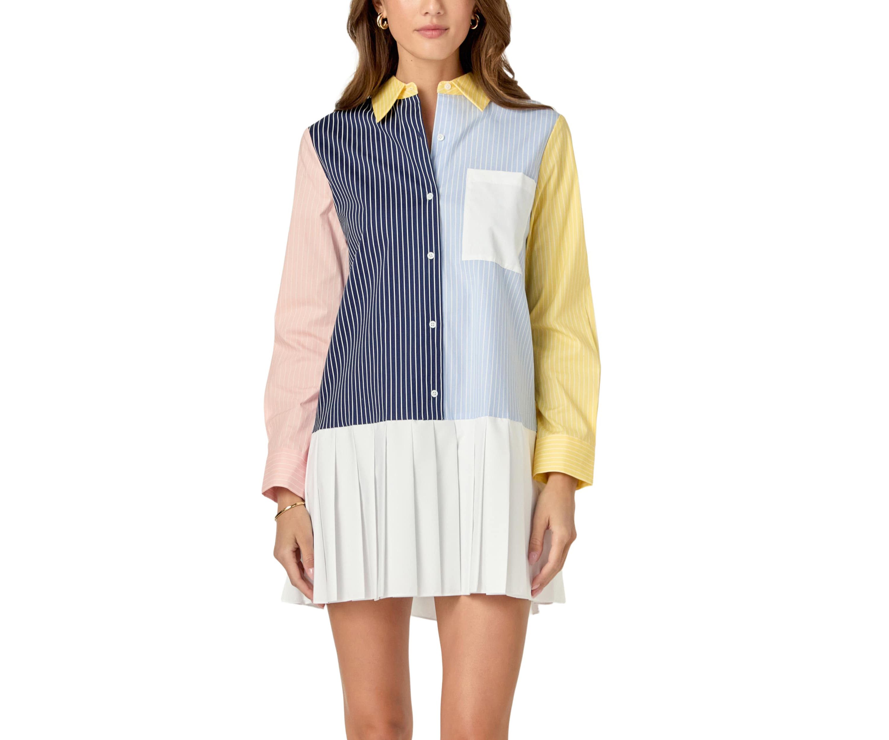 COLOR BLOCK STRIPE PLEATED MINI DRESS