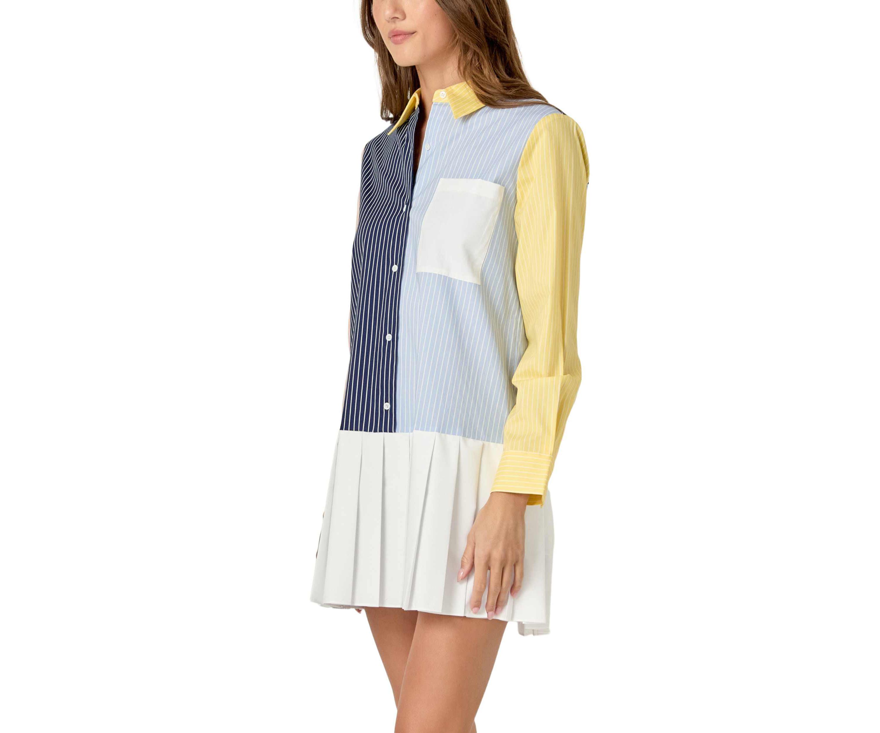 COLOR BLOCK STRIPE PLEATED MINI DRESS