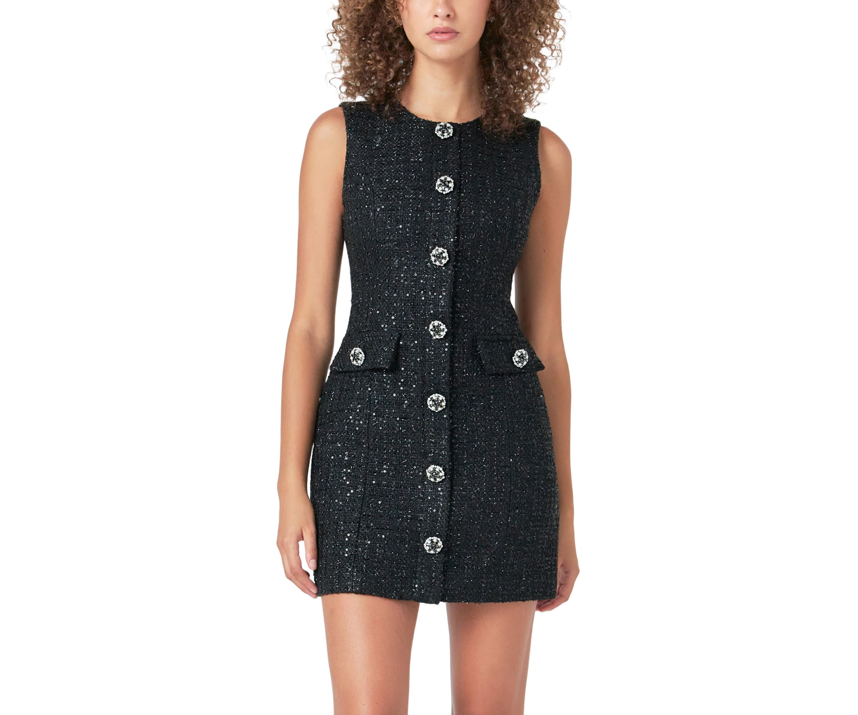 Tweed Jewel Buttoned Mini Dress