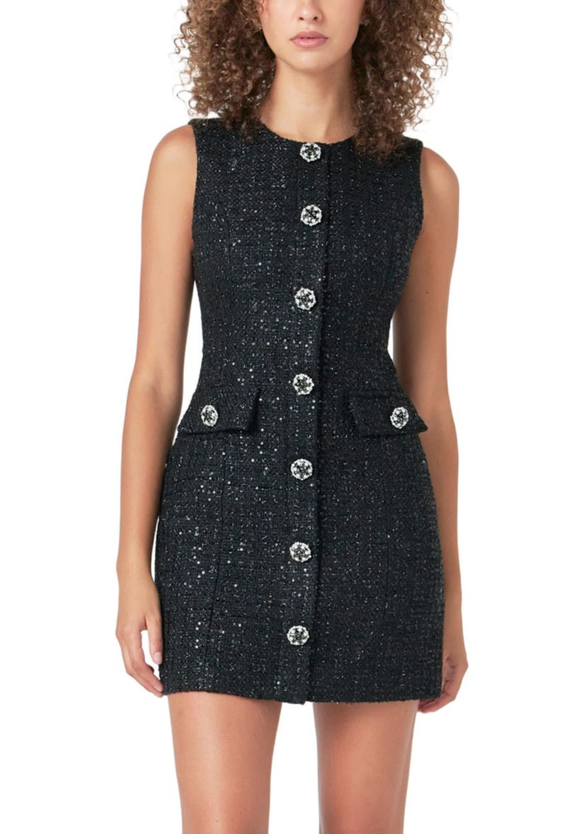 Tweed Jewel Buttoned Mini Dress