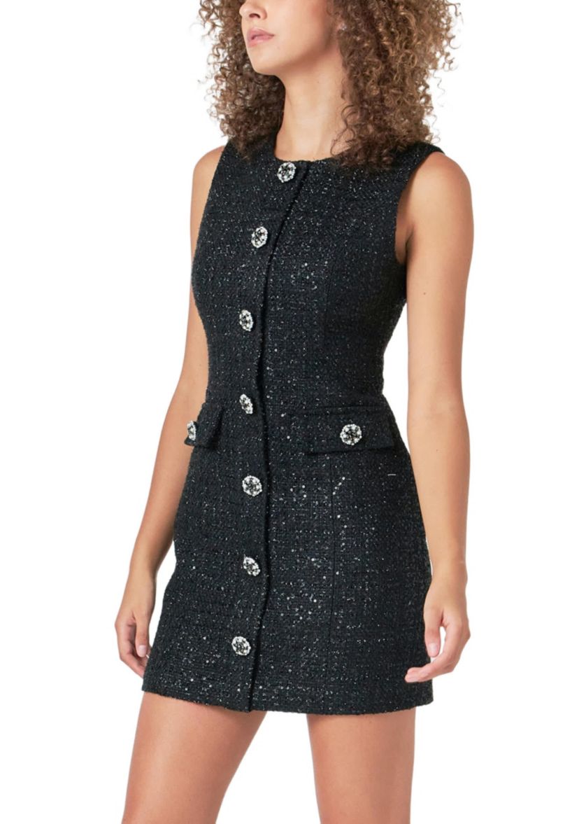 Tweed Jewel Buttoned Mini Dress