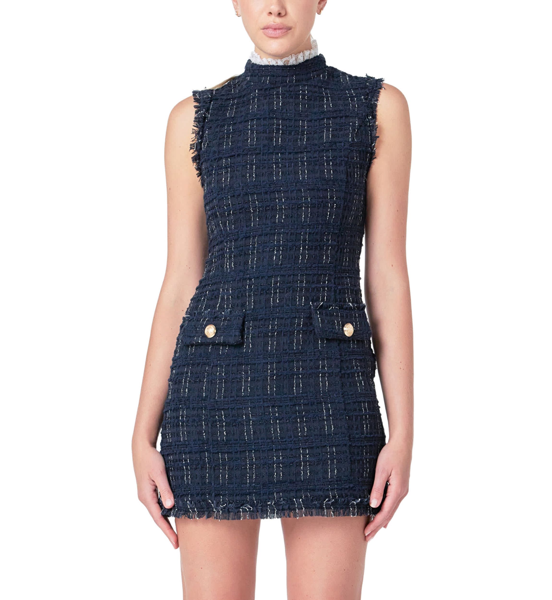 Lace Detail Tweed Mini Dress