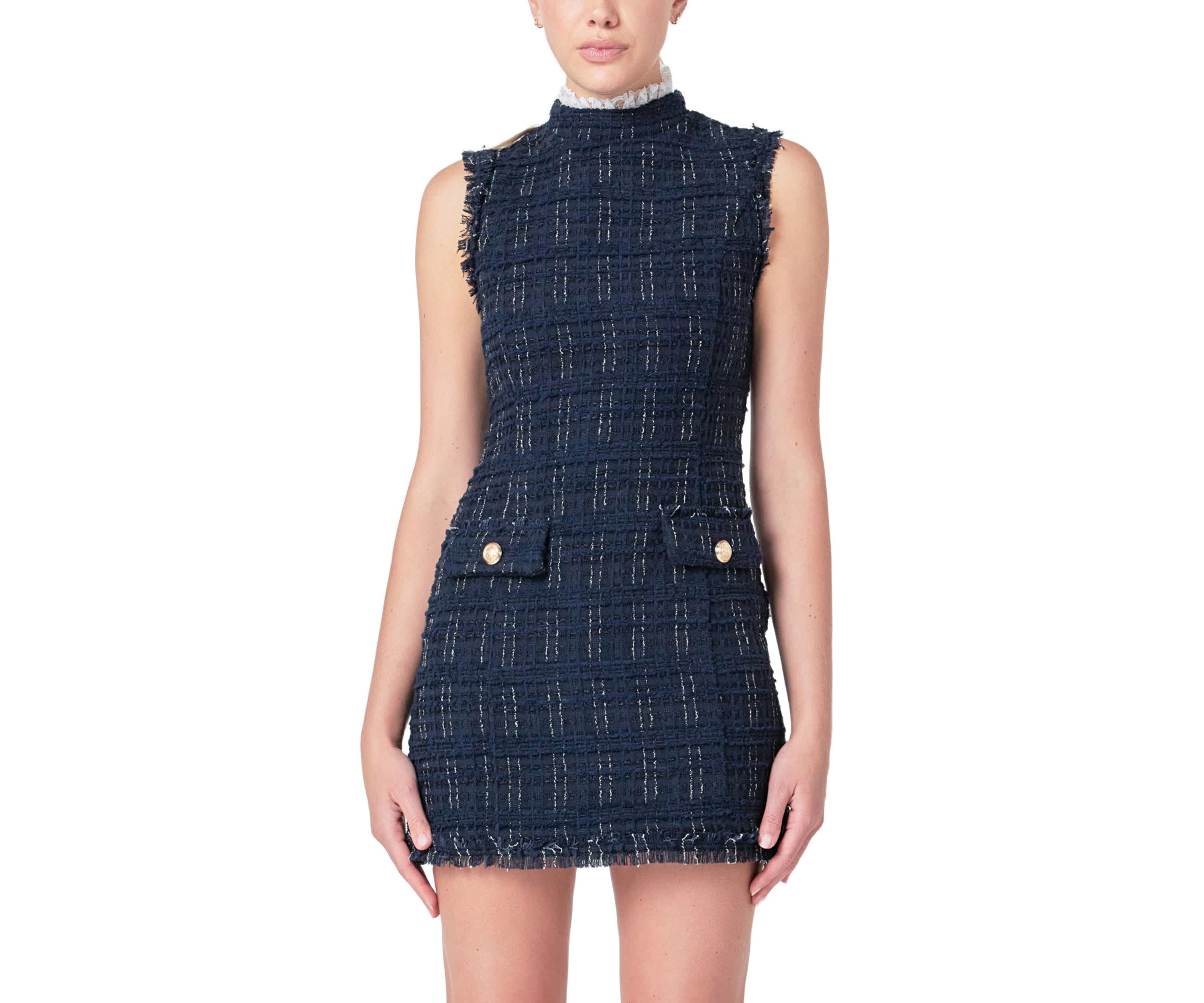 Lace Detail Tweed Mini Dress
