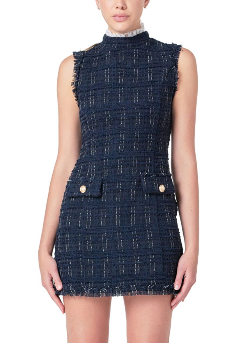 Lace Detail Tweed Mini Dress