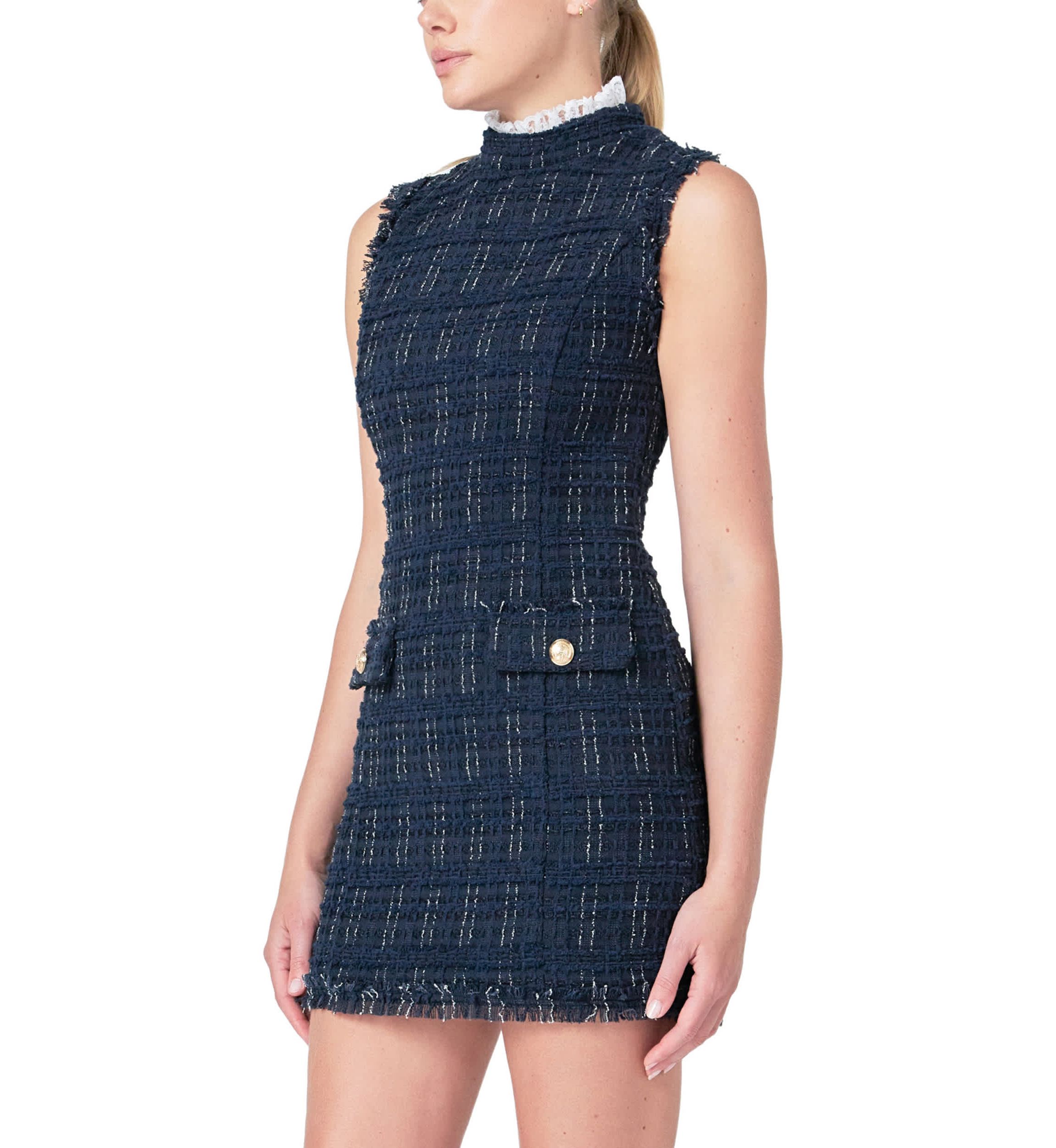 Lace Detail Tweed Mini Dress